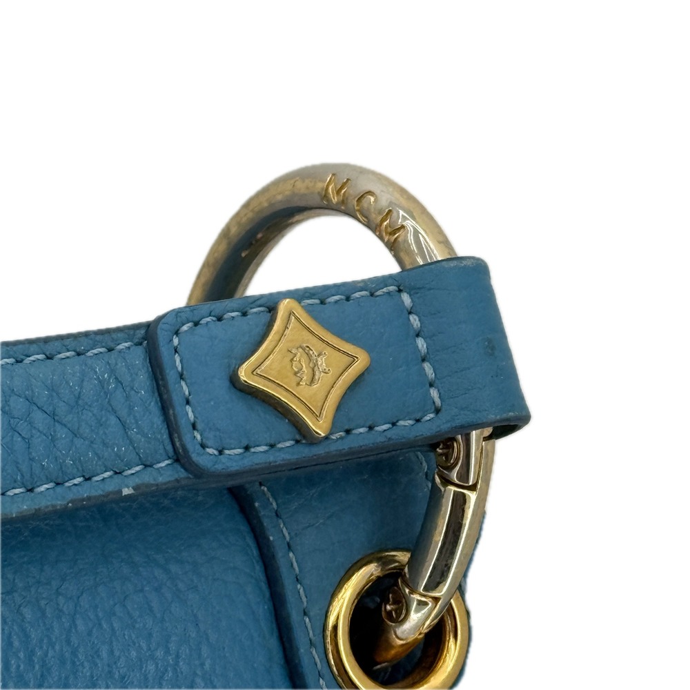 MCM Blue Pebbled Leather Studded Flap Crossbody Messenger Hobo Bag Gold Hardware - Picture 8 of 16